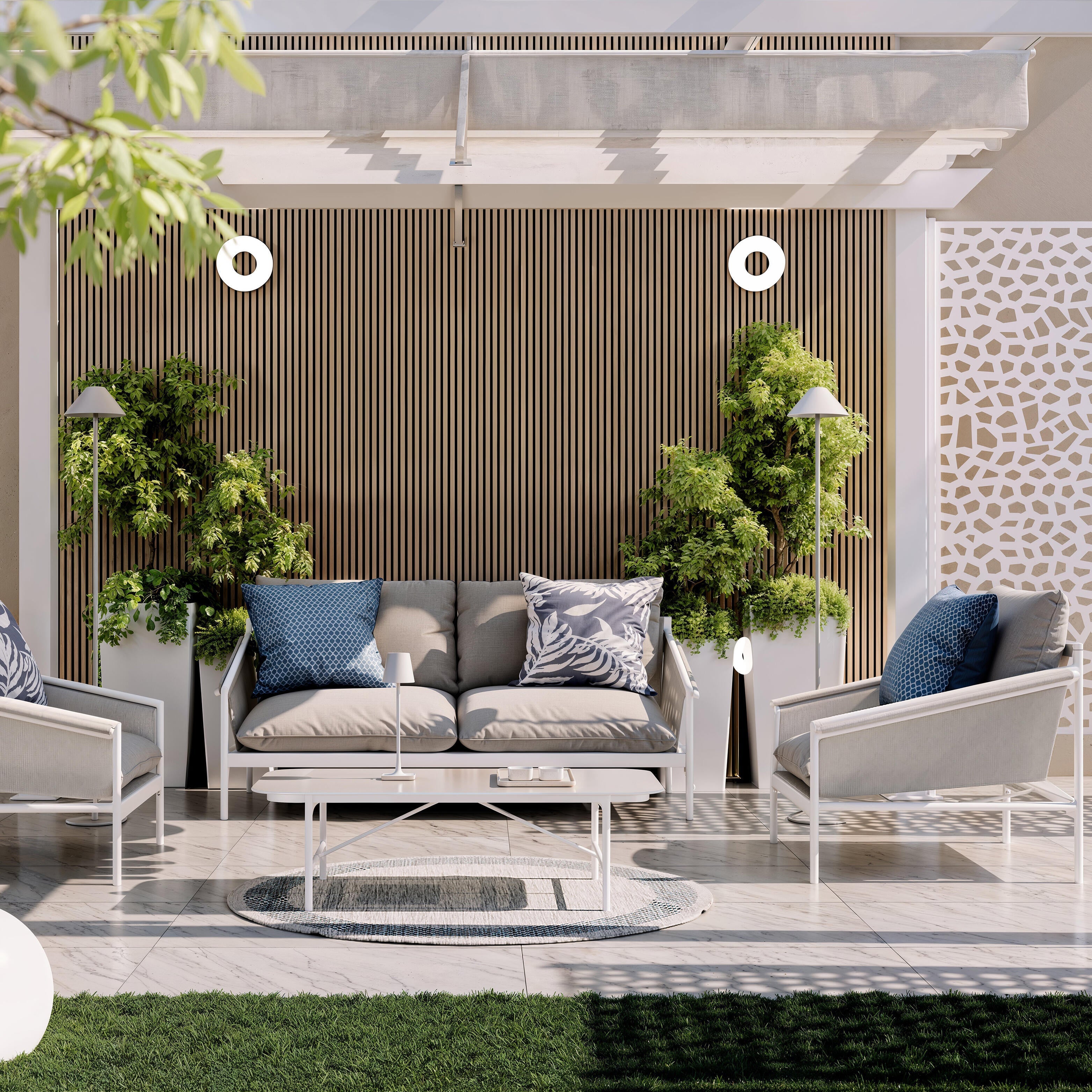 Pergola autoportante in alluminio bianco 3x4 m con copertura scorrevole - Omega Naterial