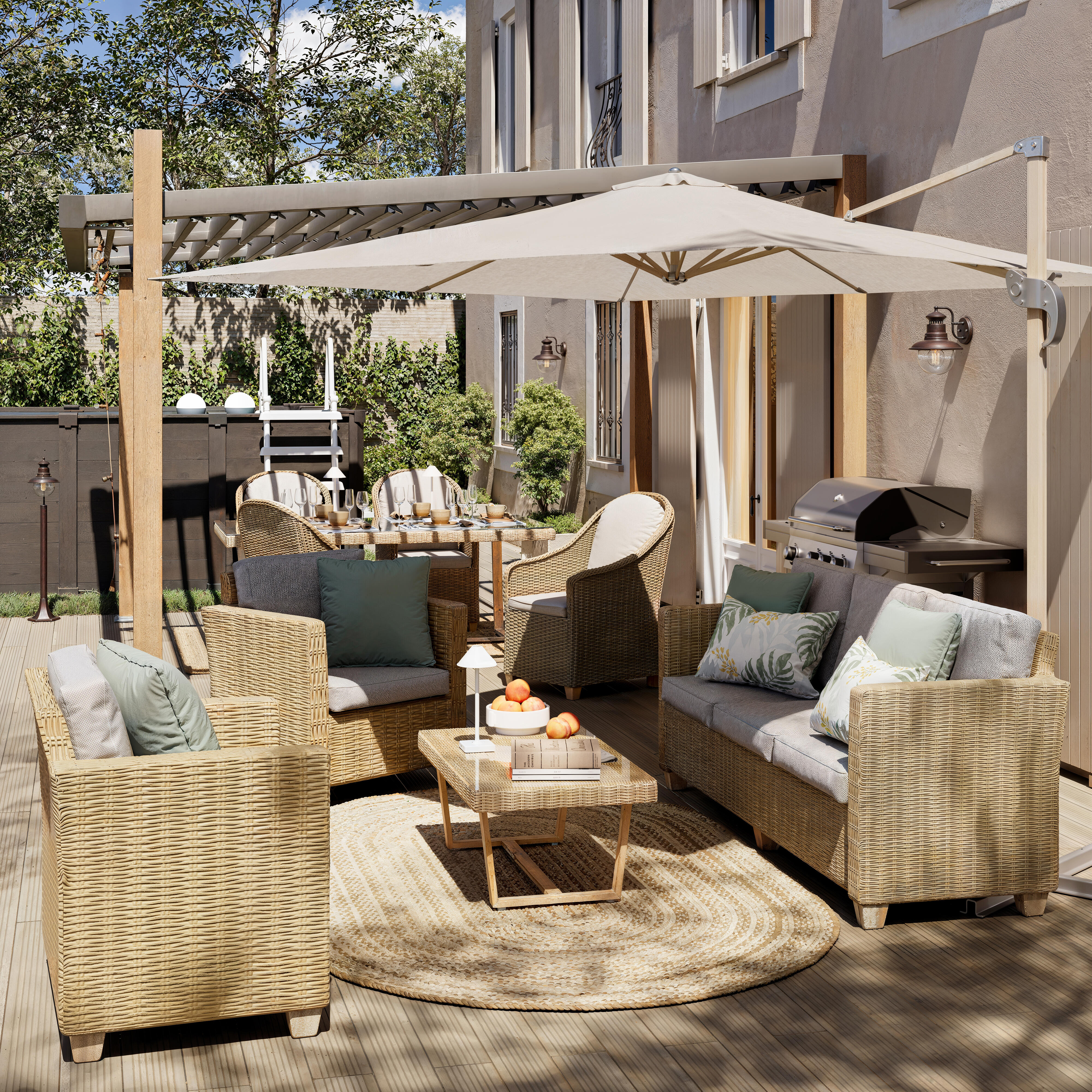 Salotto da giardino Medena NATERIAL 5 posti beige con cuscini bianchi