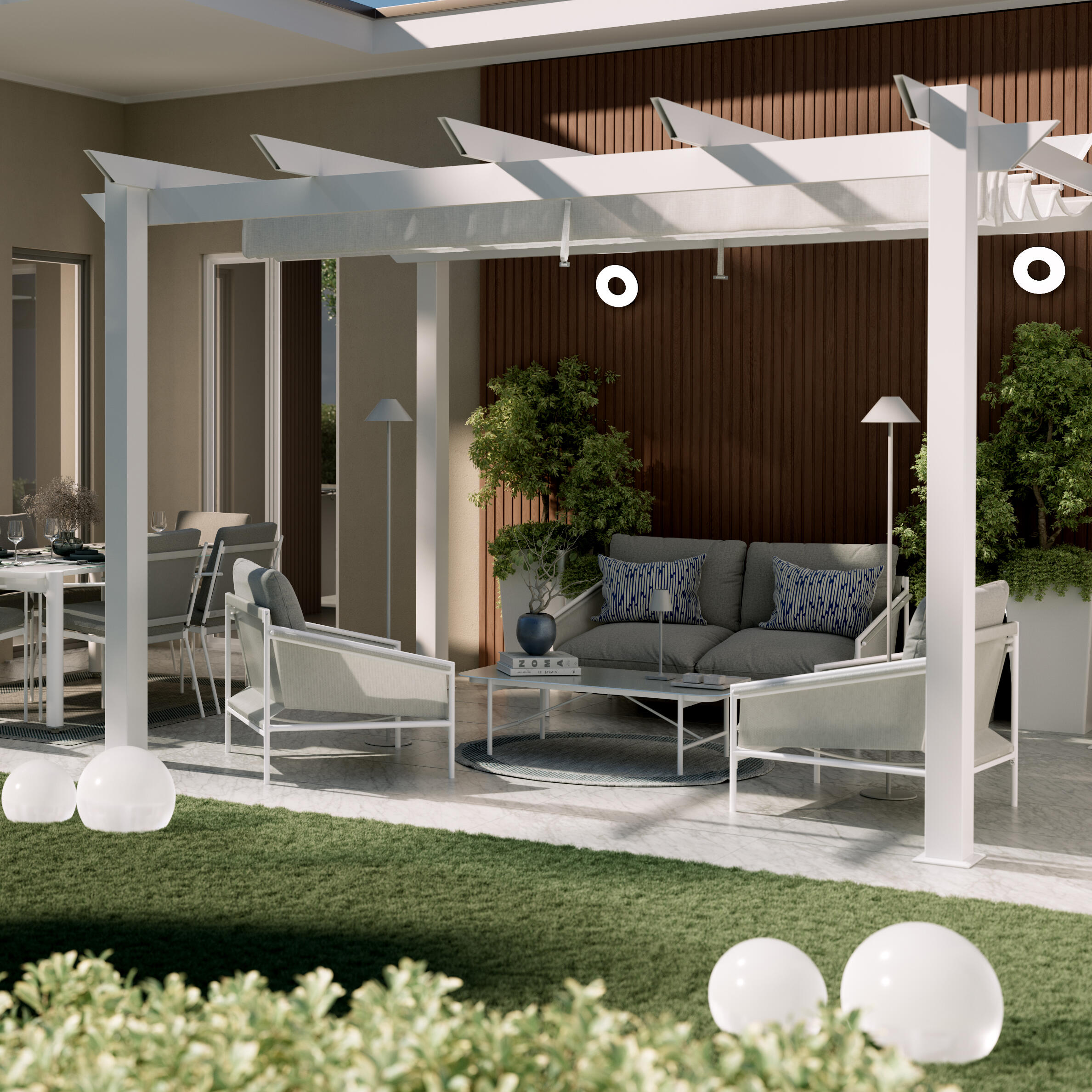 Pergola autoportante in alluminio bianco 3x4 m con copertura scorrevole - Omega Naterial