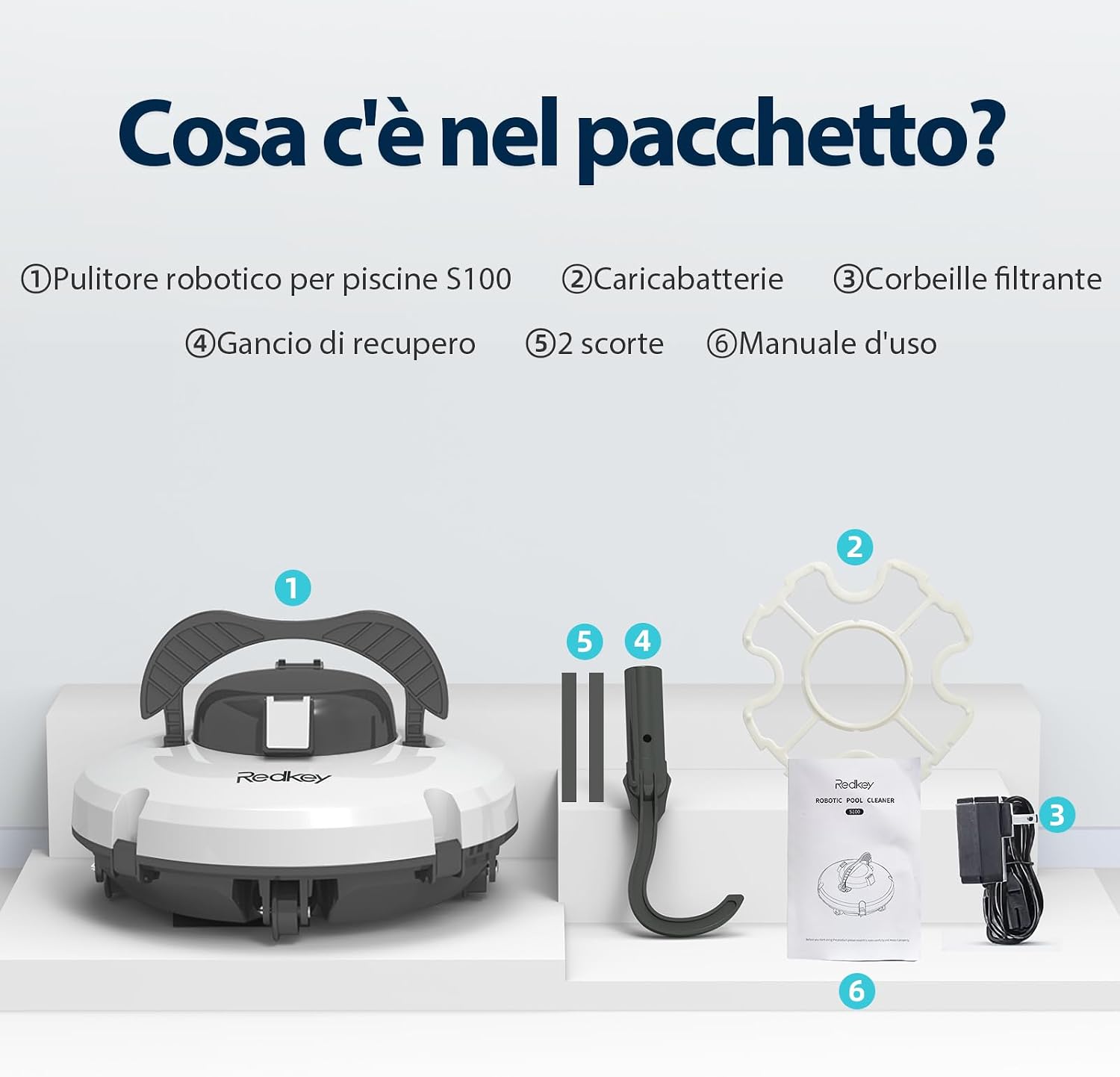 Redkey S100 Robot Pulitore per Piscina Cordless — 200 Minuti di Autonomia, Parcheggio Automatico