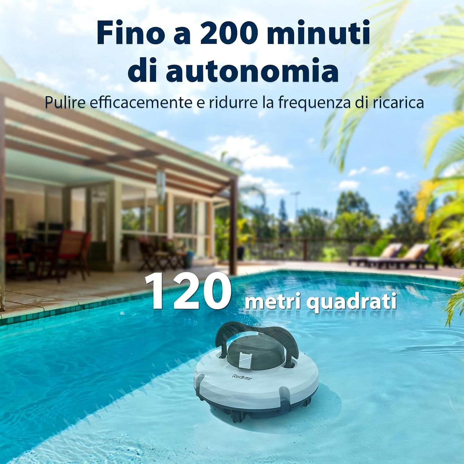 Redkey S100 Robot Pulitore per Piscina Cordless — 200 Minuti di Autonomia, Parcheggio Automatico