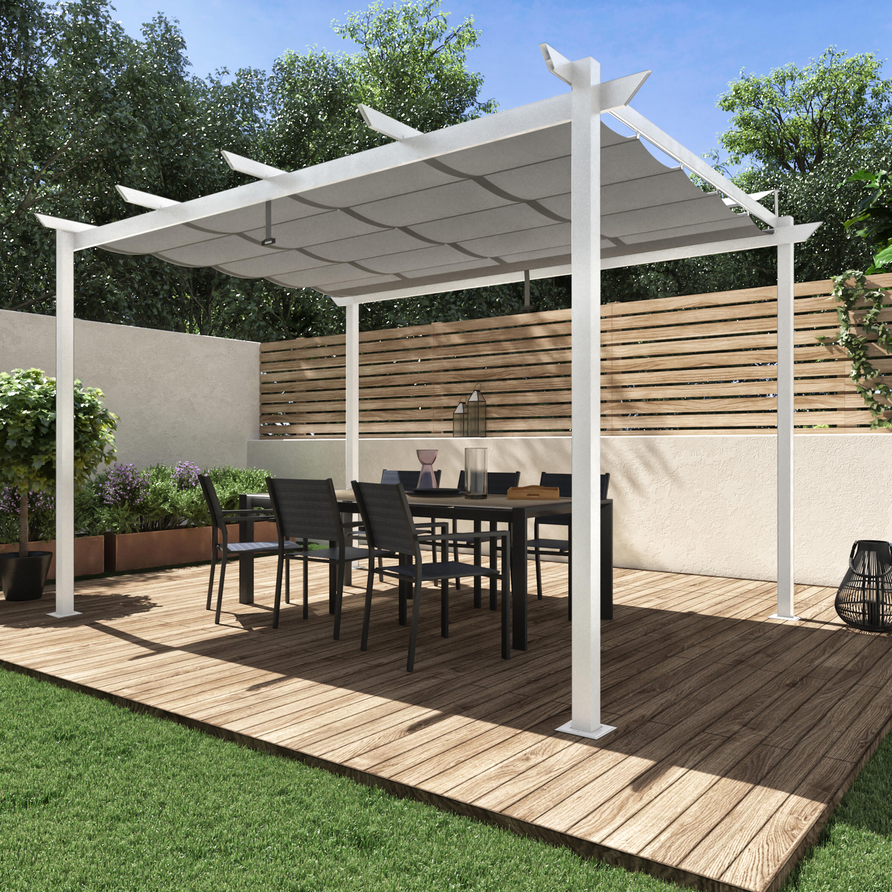 Pergola autoportante in alluminio bianco 3x4 m con copertura scorrevole - Omega Naterial