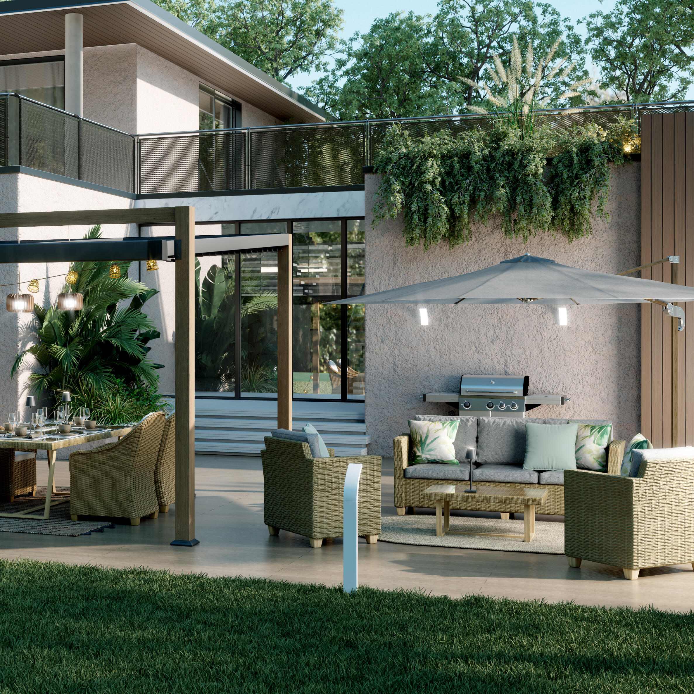 Salotto da giardino Medena NATERIAL 5 posti beige con cuscini bianchi