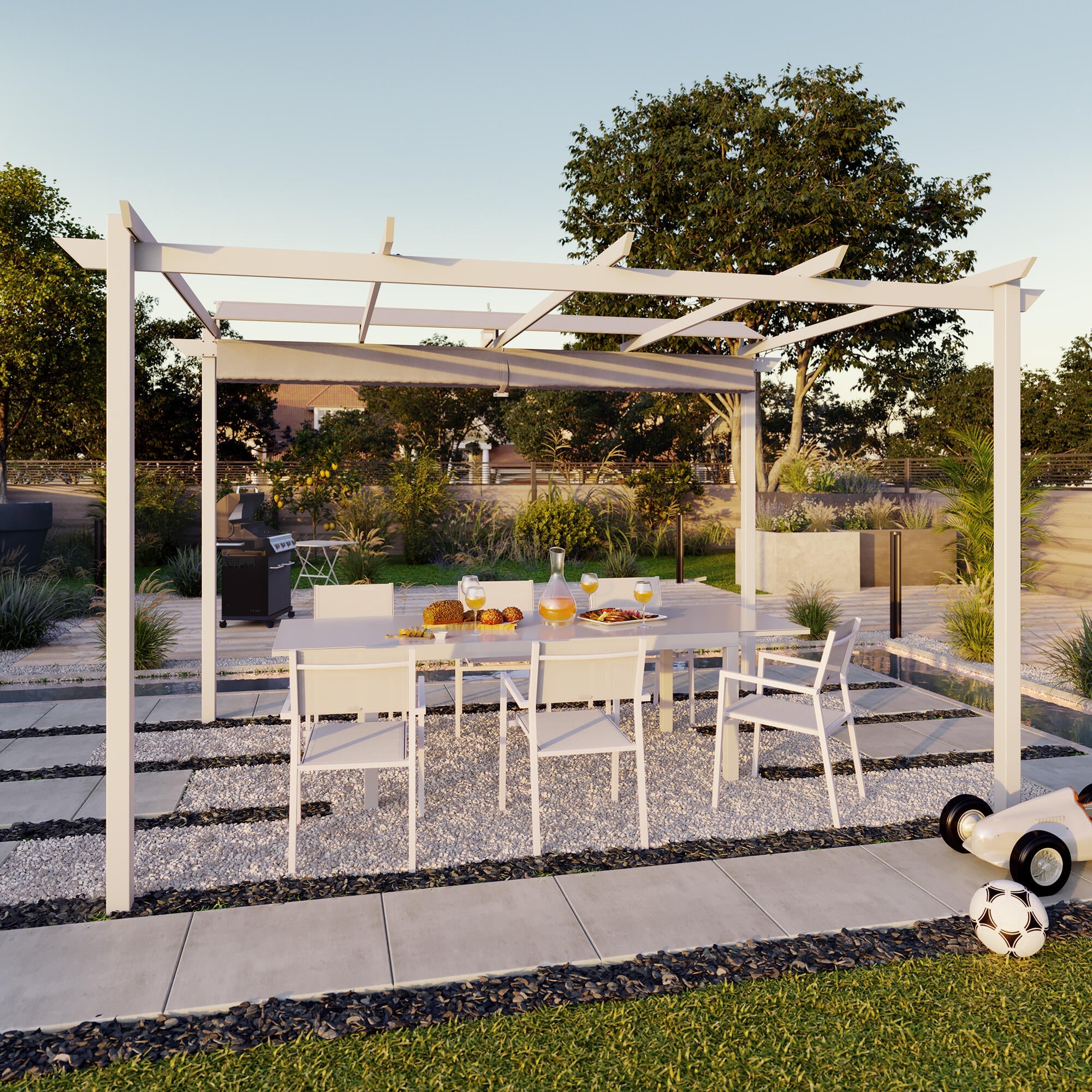Pergola autoportante in alluminio bianco 3x4 m con copertura scorrevole - Omega Naterial
