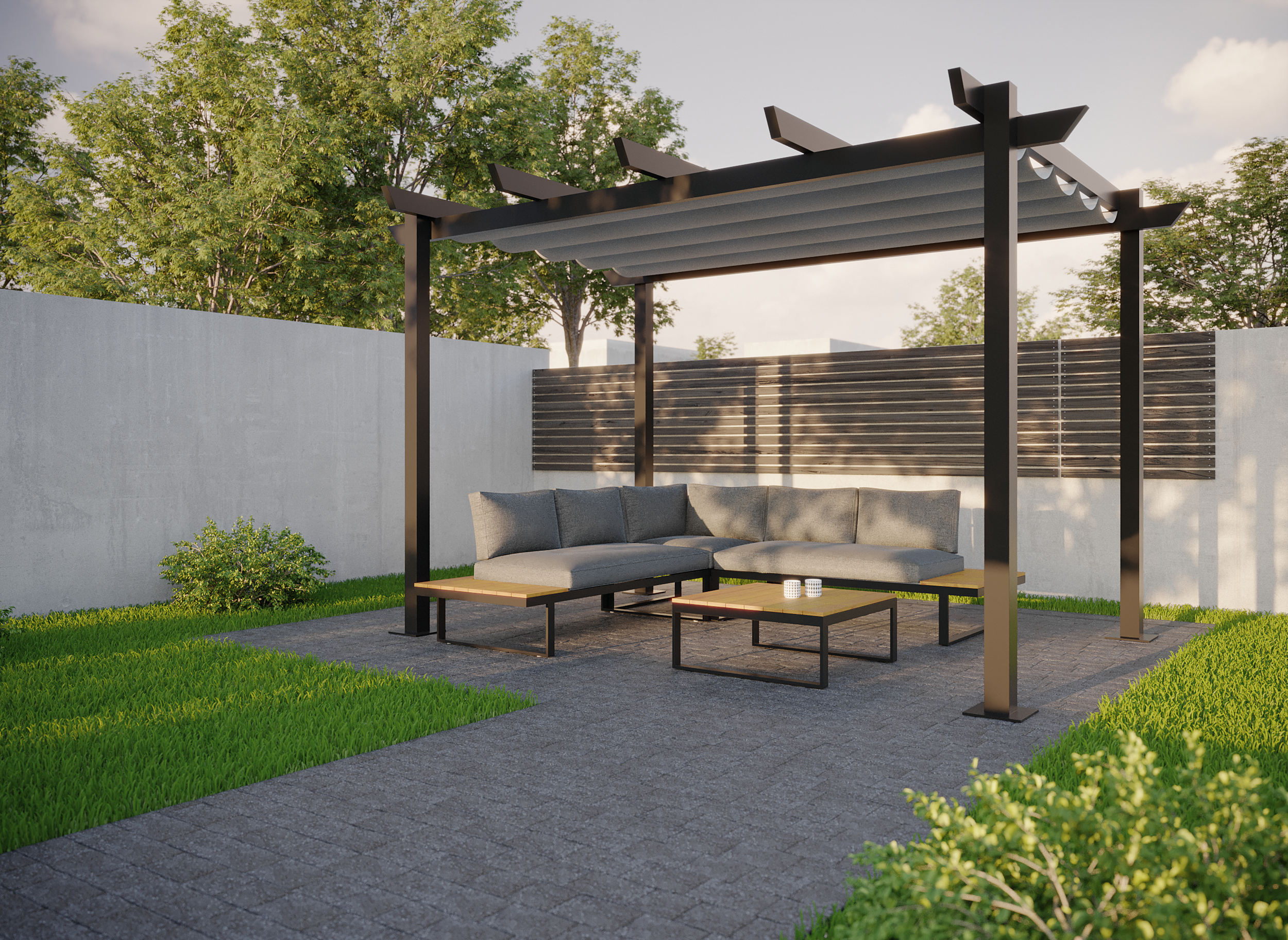 Pergola in alluminio antracite Omega NATERIAL 2,8x4m con copertura scorrevole