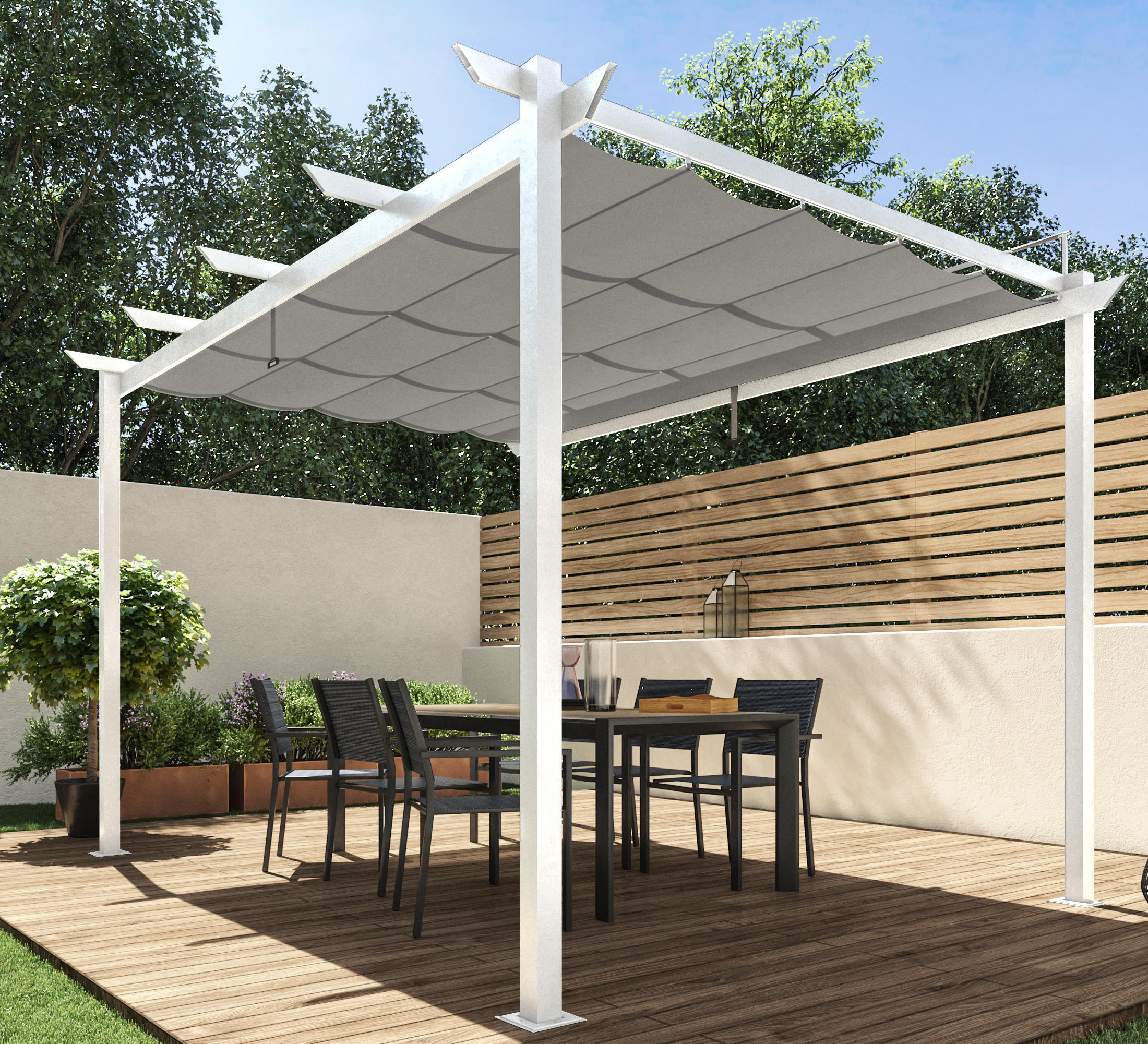 Pergola autoportante in alluminio bianco 3x4 m con copertura scorrevole - Omega Naterial