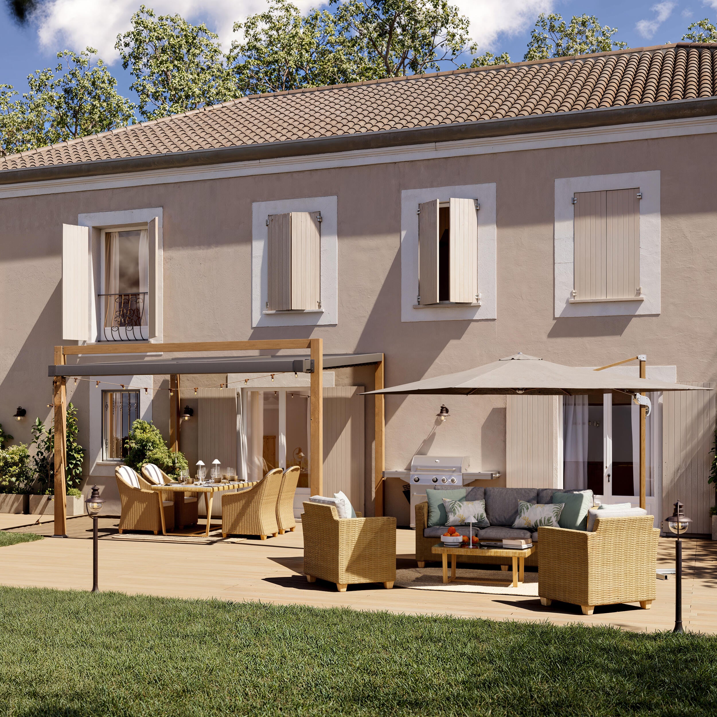 Salotto da giardino Medena NATERIAL 5 posti beige con cuscini bianchi