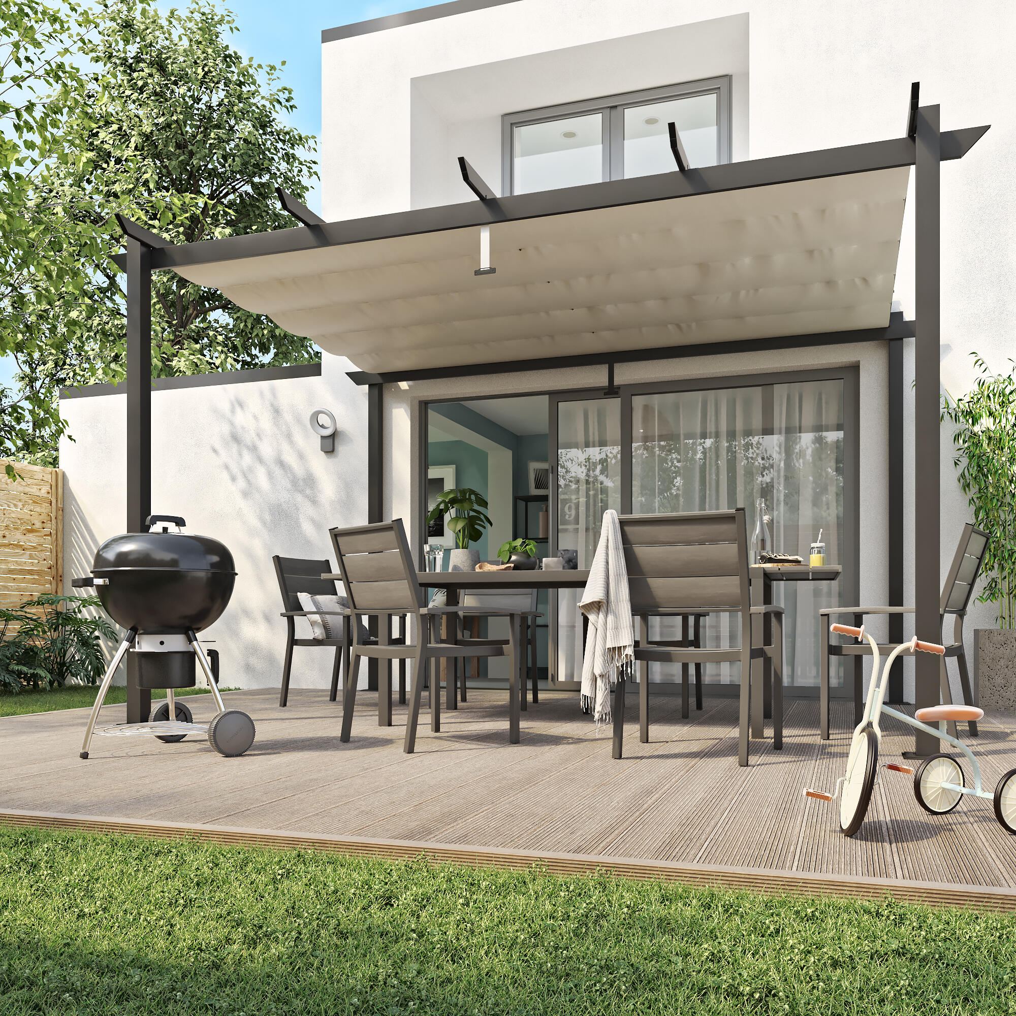 Pergola in alluminio antracite Omega NATERIAL 2,8x4m con copertura scorrevole